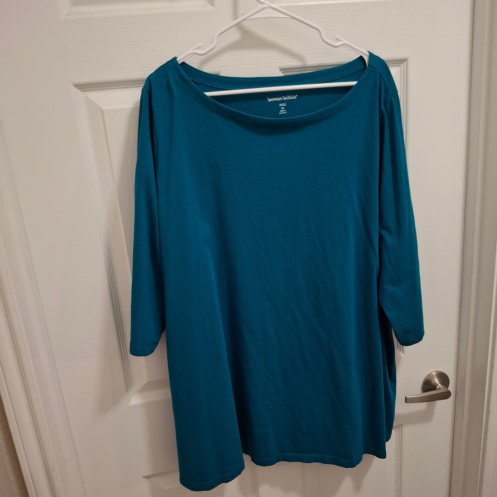 Woman Within 3X Teal Boat Neck 3/4‎ Sleeve Cotton Top Shirt Made in Mauritius